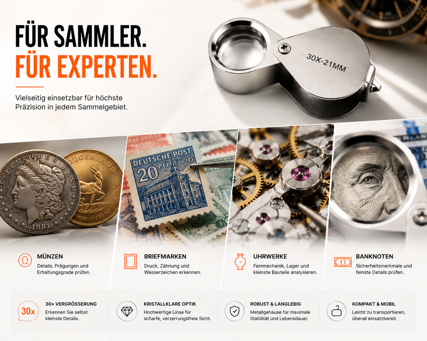 Werbebild für eine 30x-Vergrößerungslupe, zeigt die Lupe und Anwendungsbeispiele wie Münzen, Briefmarken, Uhren und Banknoten.