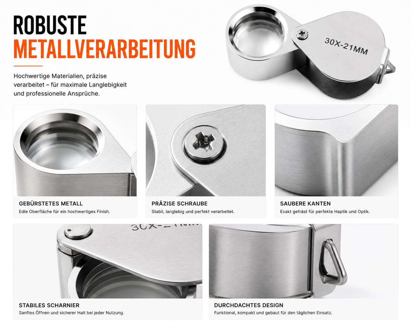 Detailbilder einer Metalllupe zeigen gebürstetes Metall, präzise Schrauben, saubere Kanten und ein stabiles Scharnier.