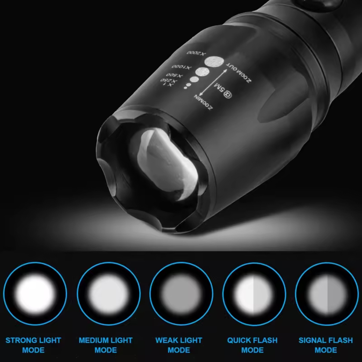 Schwarze Taschenlampe mit Zoom-Funktion und fünf verschiedenen Lichtmodi.