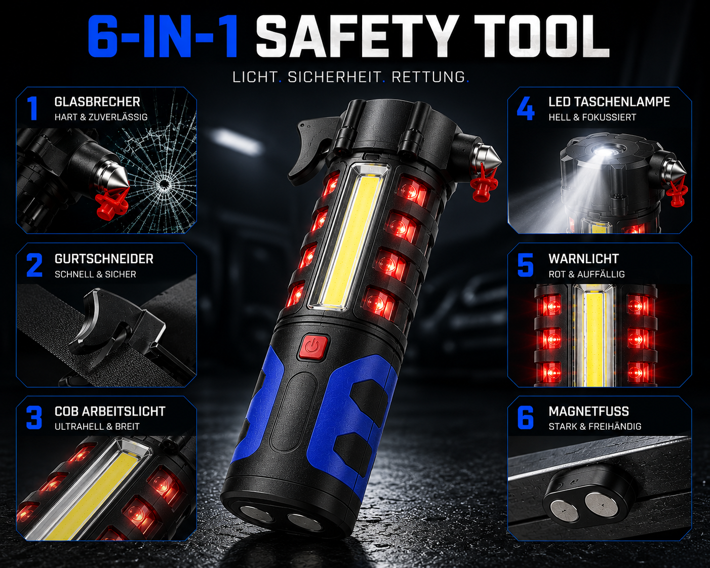Ein schwarz-blaues 6-in-1-Sicherheitswerkzeug mit Taschenlampe, Glasbrecher, Gurtmesser und Warnleuchten.