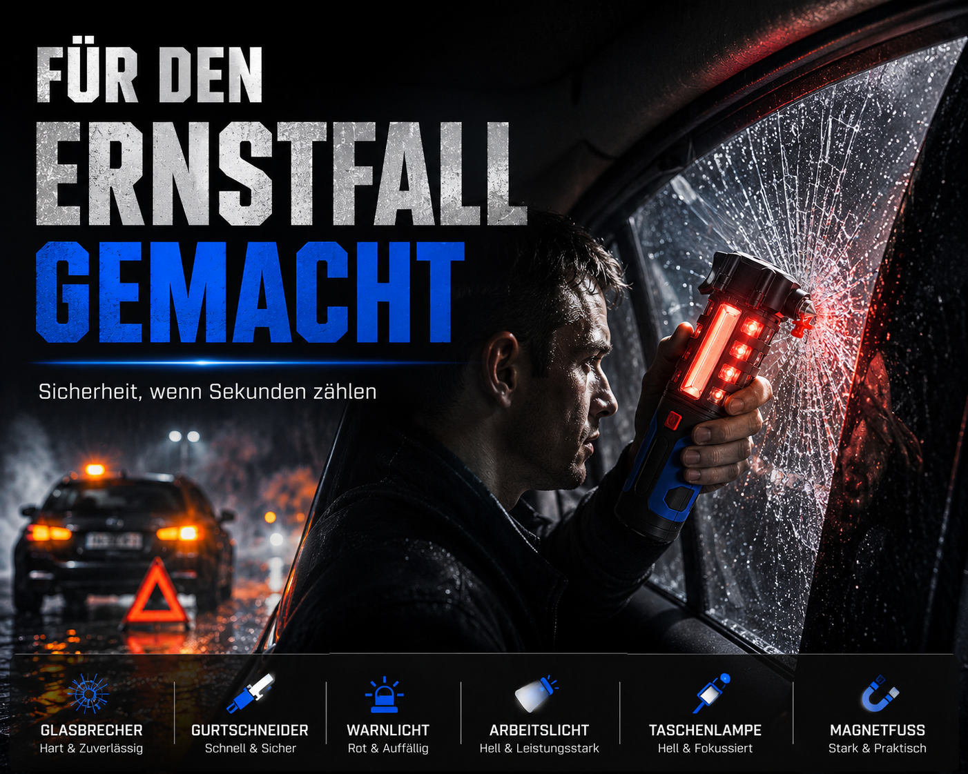 Ein Mann nutzt eine Notfallleuchte, um eine Autoscheibe einzuschlagen, mit Textoverlays.