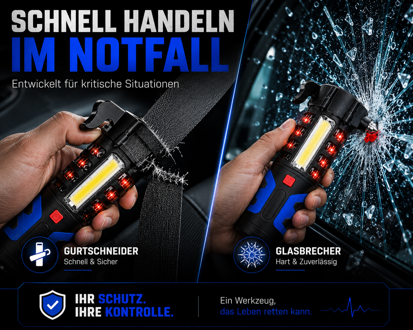 Ein Notfall-Autowerkzeug mit Gurtmesser schneidet einen Gurt und bricht eine Autoscheibe.