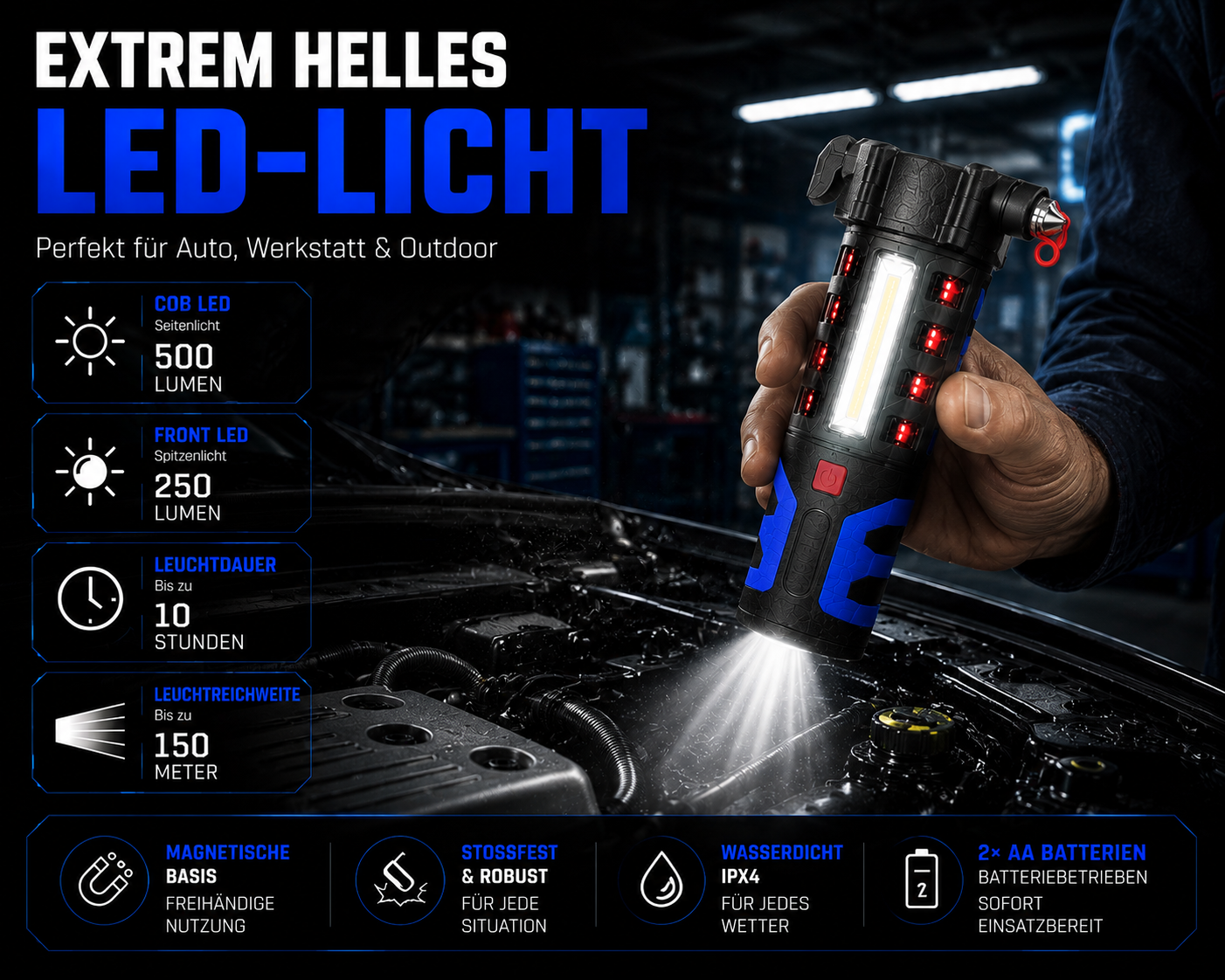 Hand hält eine LED-Taschenlampe über einem Auto-Motorraum mit Text und Icons für Features auf dem Bild.