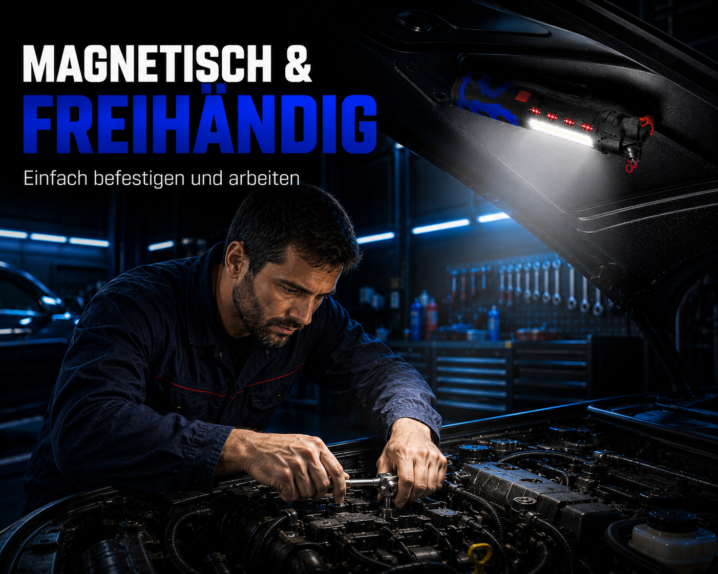 Ein Mechaniker arbeitet an einem Automotor, beleuchtet von einer Magnethlampe an der Haube.