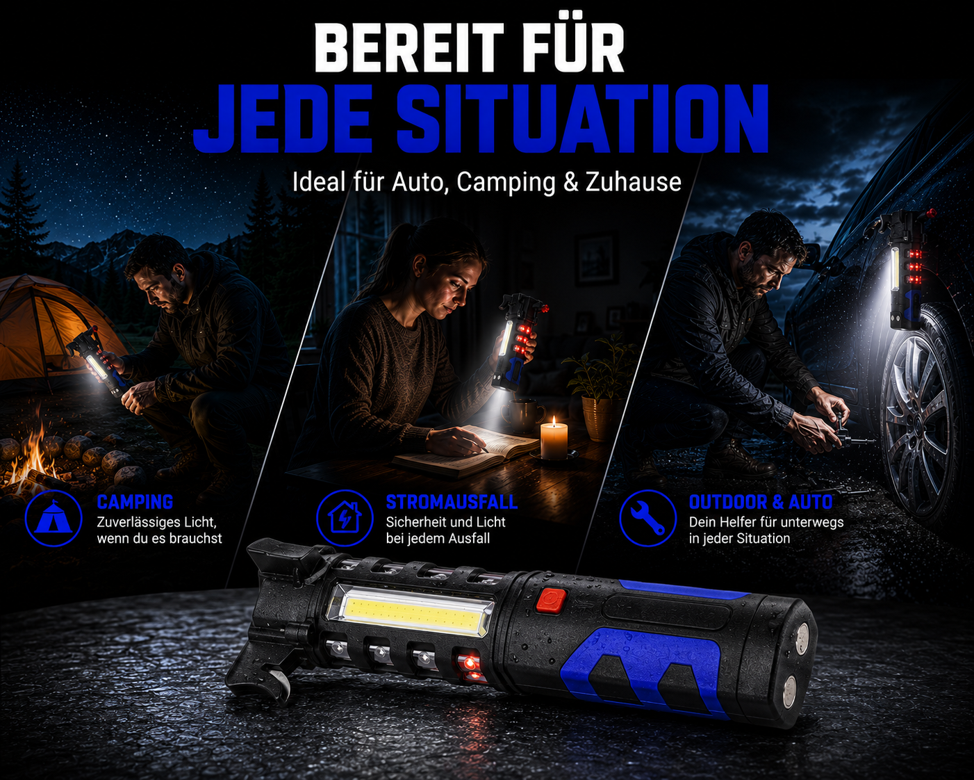 Eine multifunktionale LED-Taschenlampe im Vordergrund, darüber drei Szenen mit Verwendung beim Camping, bei Stromausfall und am Auto.