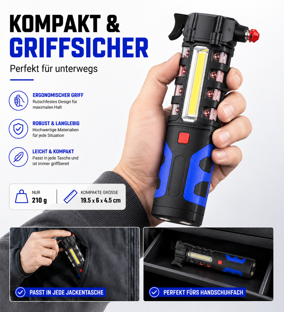 Hand hält eine kompakte Multifunktions-Taschenlampe mit Notfallhammer; Text und Anwendungsbilder im Hintergrund.