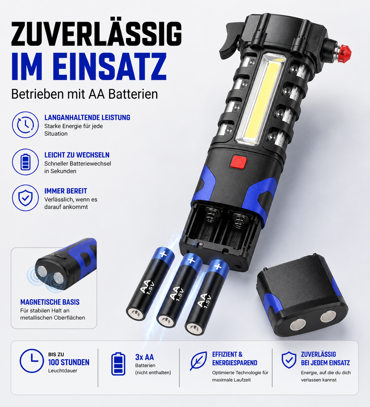 Schwarze Arbeitsleuchte mit blauen Akzenten, offenem Batteriefach und drei AA-Batterien.