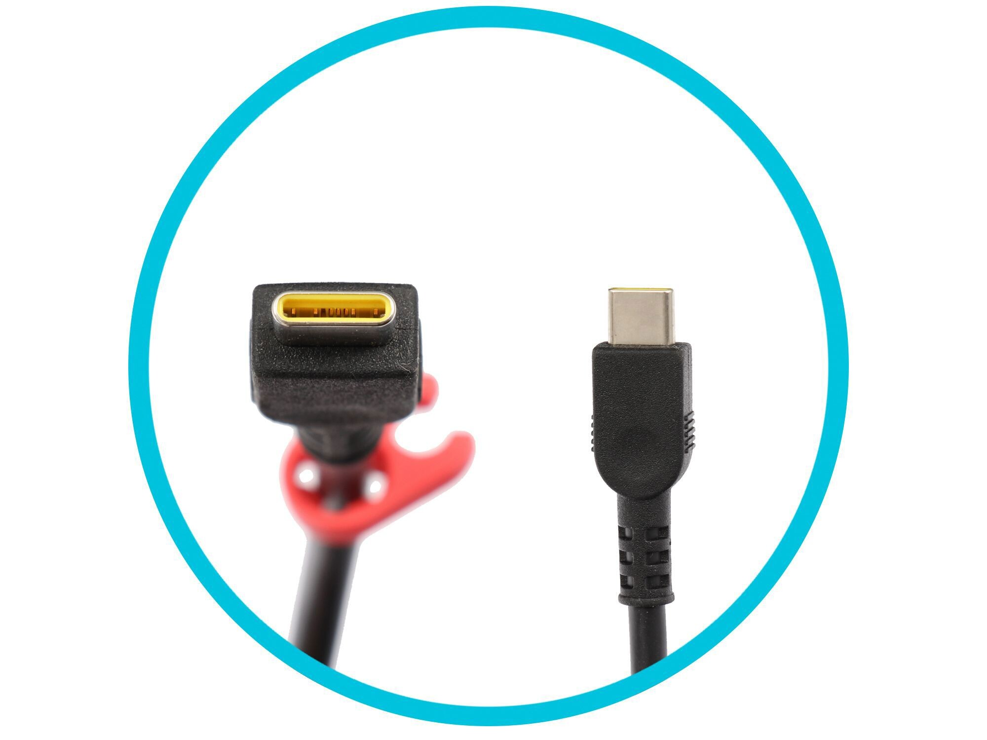 Zwei schwarze USB-Kabelstecker vor weißem Hintergrund in einem blauen Kreis.