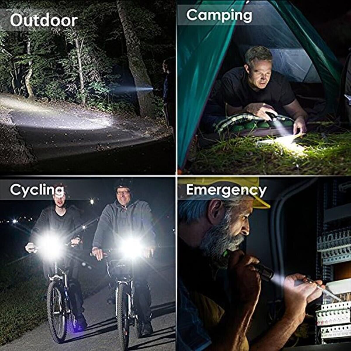 Vier Bilder zeigen Taschenlampen-Nutzung: Wegbeleuchtung, Zelten, Fahrradfahren und Notfallreparatur.