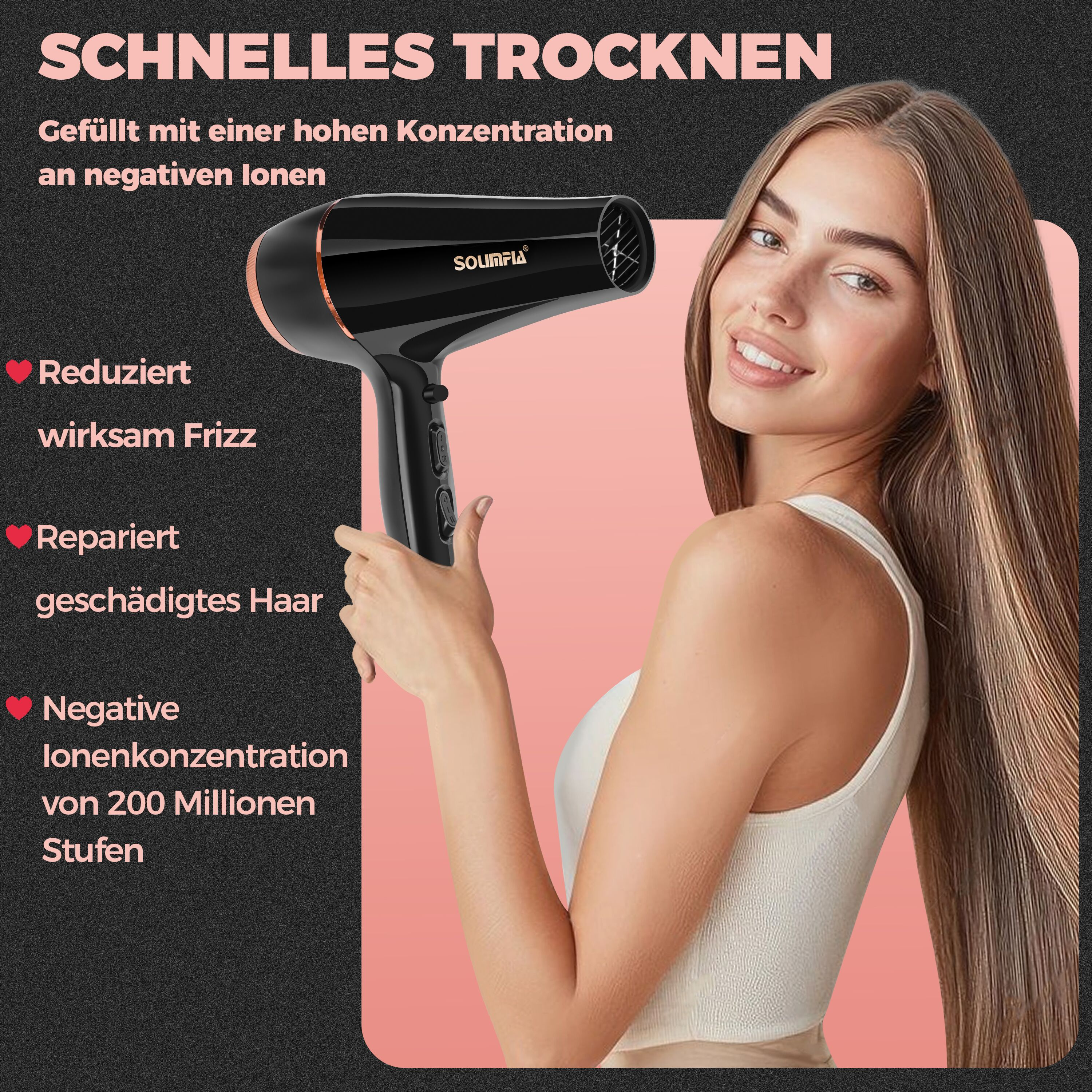 Eine Frau hält einen schwarzen Haartrockner vor einem rosa und schwarzen Hintergrund mit deutscher Werbung.