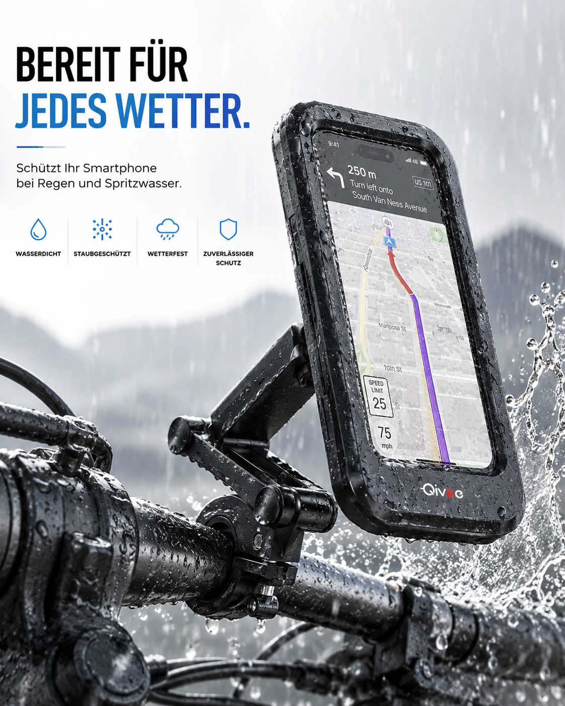 Wasserdichte Smartphone-Fahrradhalterung im Regen mit Displaykarte und Text für Wetterschutz.