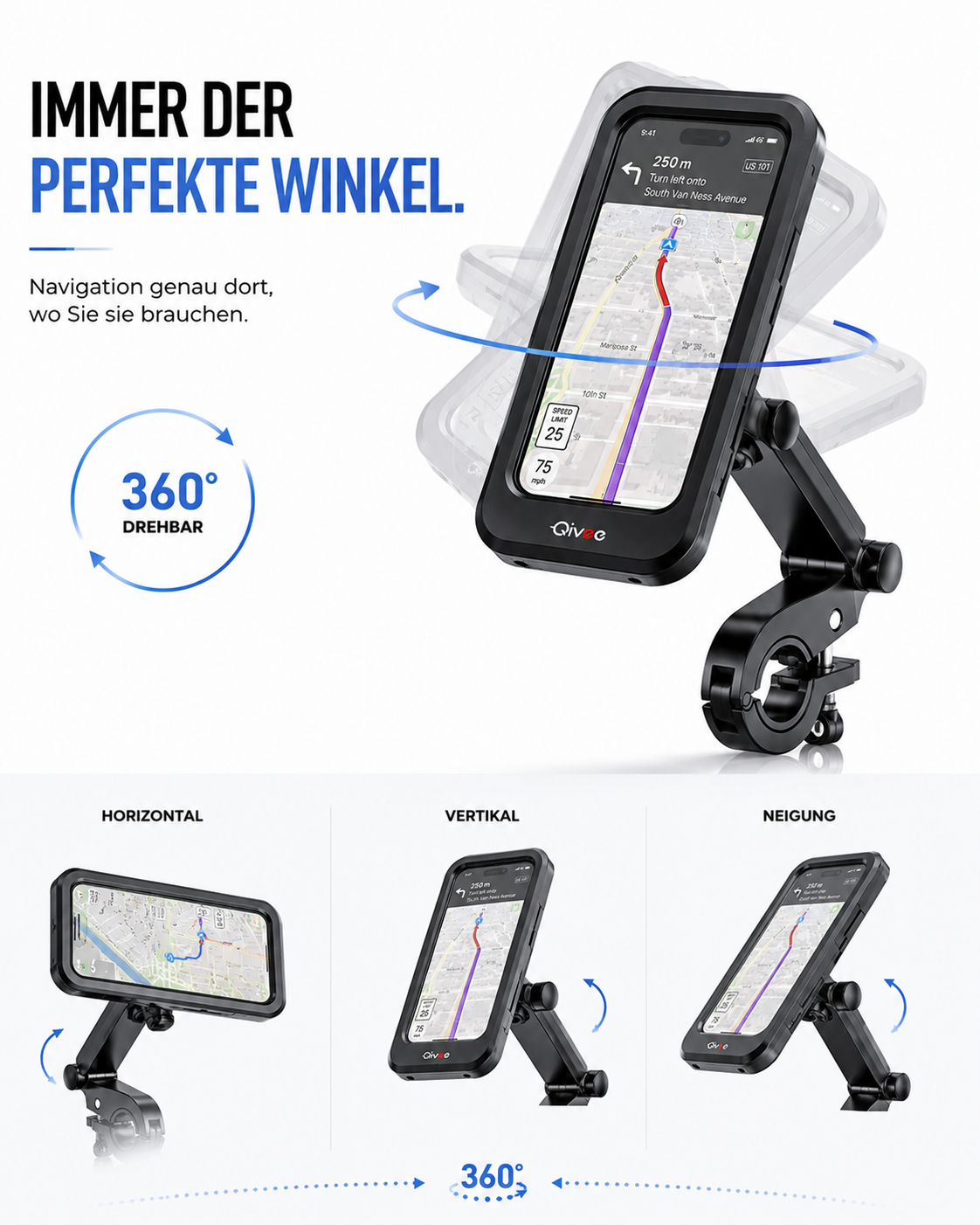 Eine 360-Grad-Fahrrad-Handyhalterung zeigt horizontale, vertikale und Neigungs-Einstellungen.