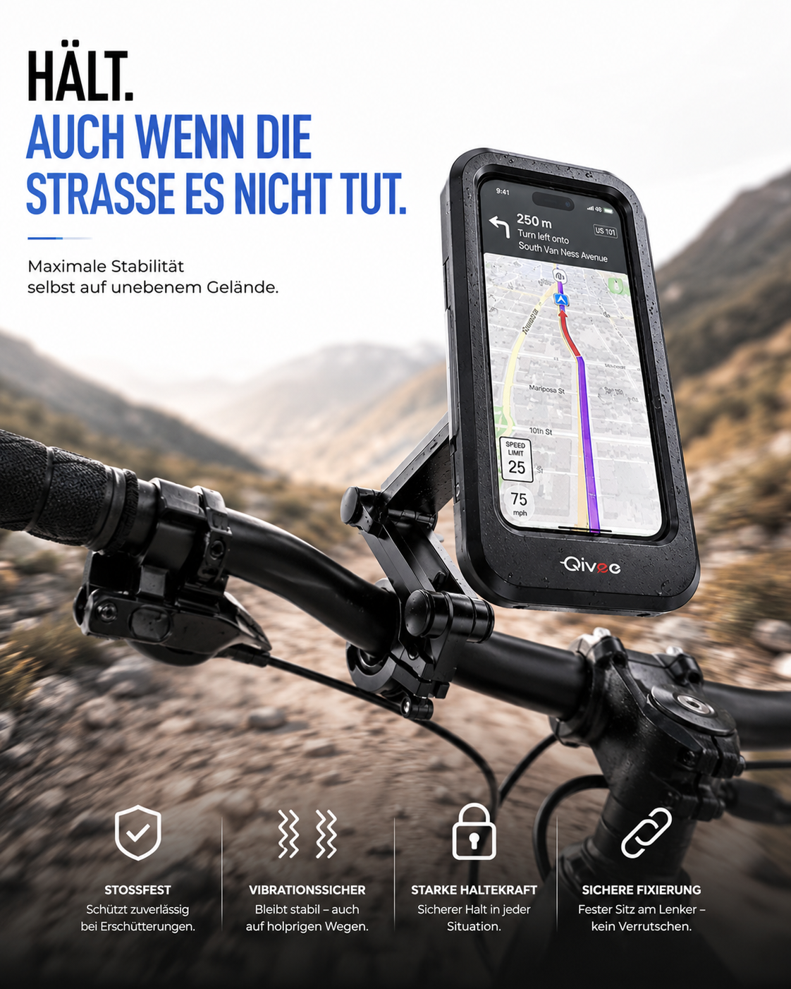 Smartphone in Halterung an einem Fahrradlenker vor unscharfem Bergweg.