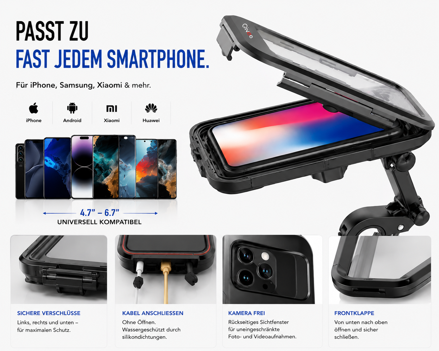Wasserdichte Smartphone-Halterung mit Zubehör für universelle Kompatibilität und einfache Montage.