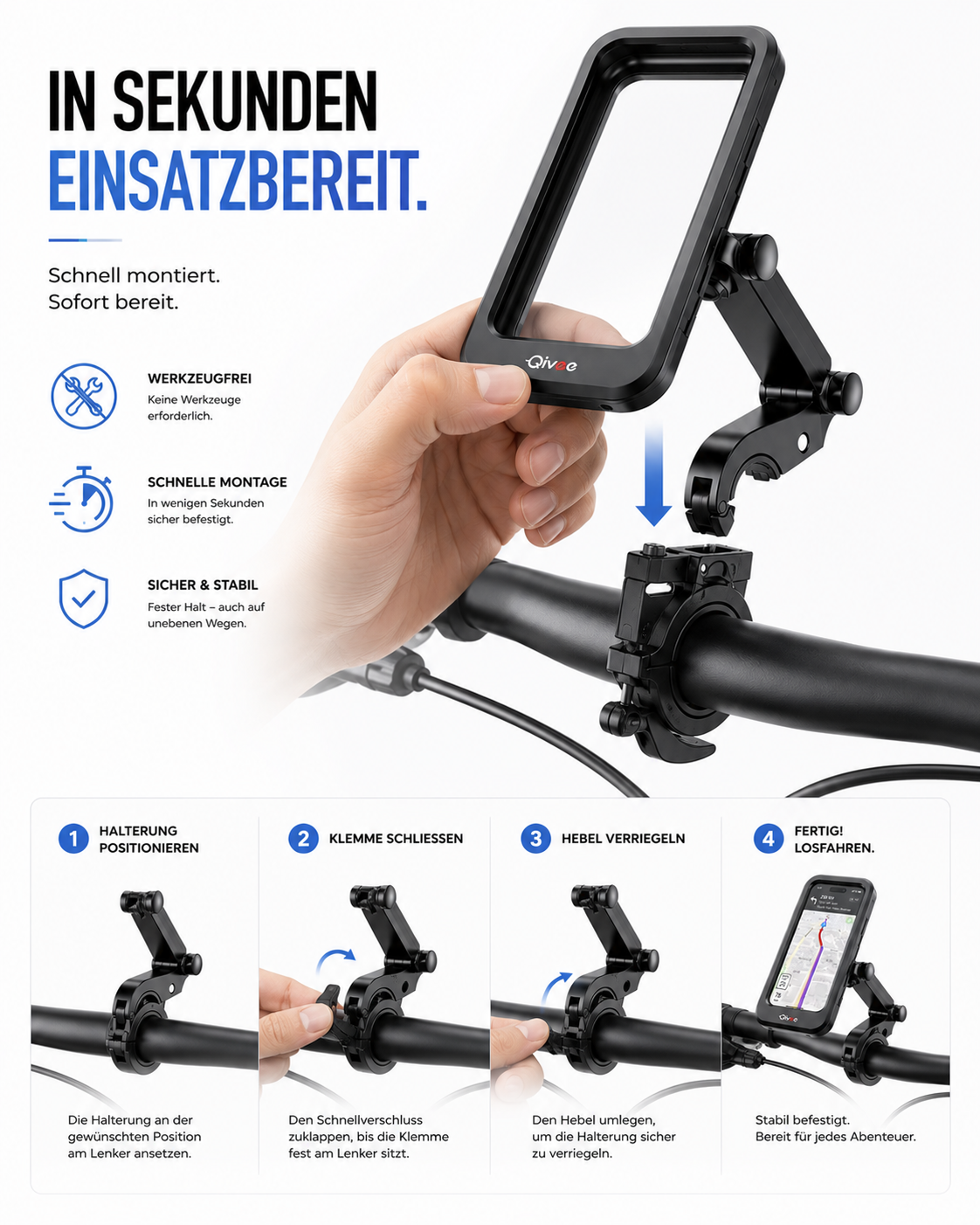 Hand montiert eine schwarze Smartphone-Halterung an einem Fahrradlenker, Anleitungsschritte unten.