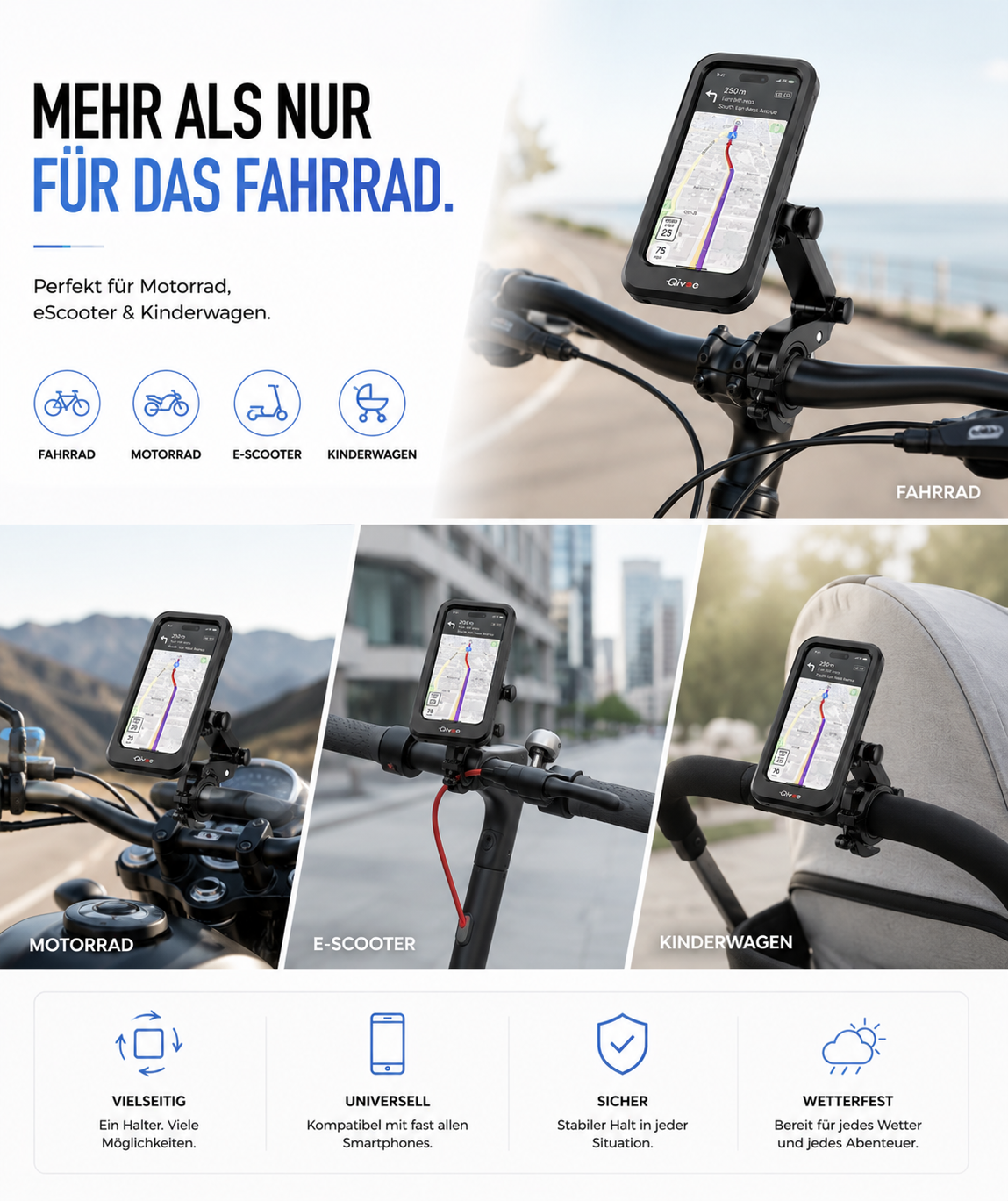 Smartphone-Halterung am Lenker von Fahrrad, Motorrad, E-Scooter und Kinderwagen.