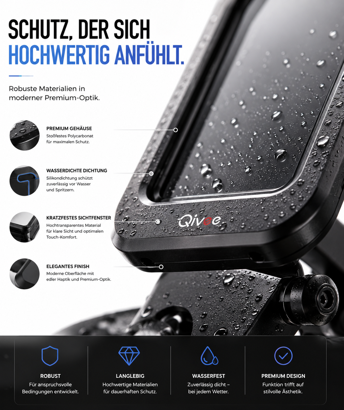 Wasserdichte Smartphone-Halterung mit Regentröpfchen, Text und Produktmerkmalen auf schwarzem Hintergrund.