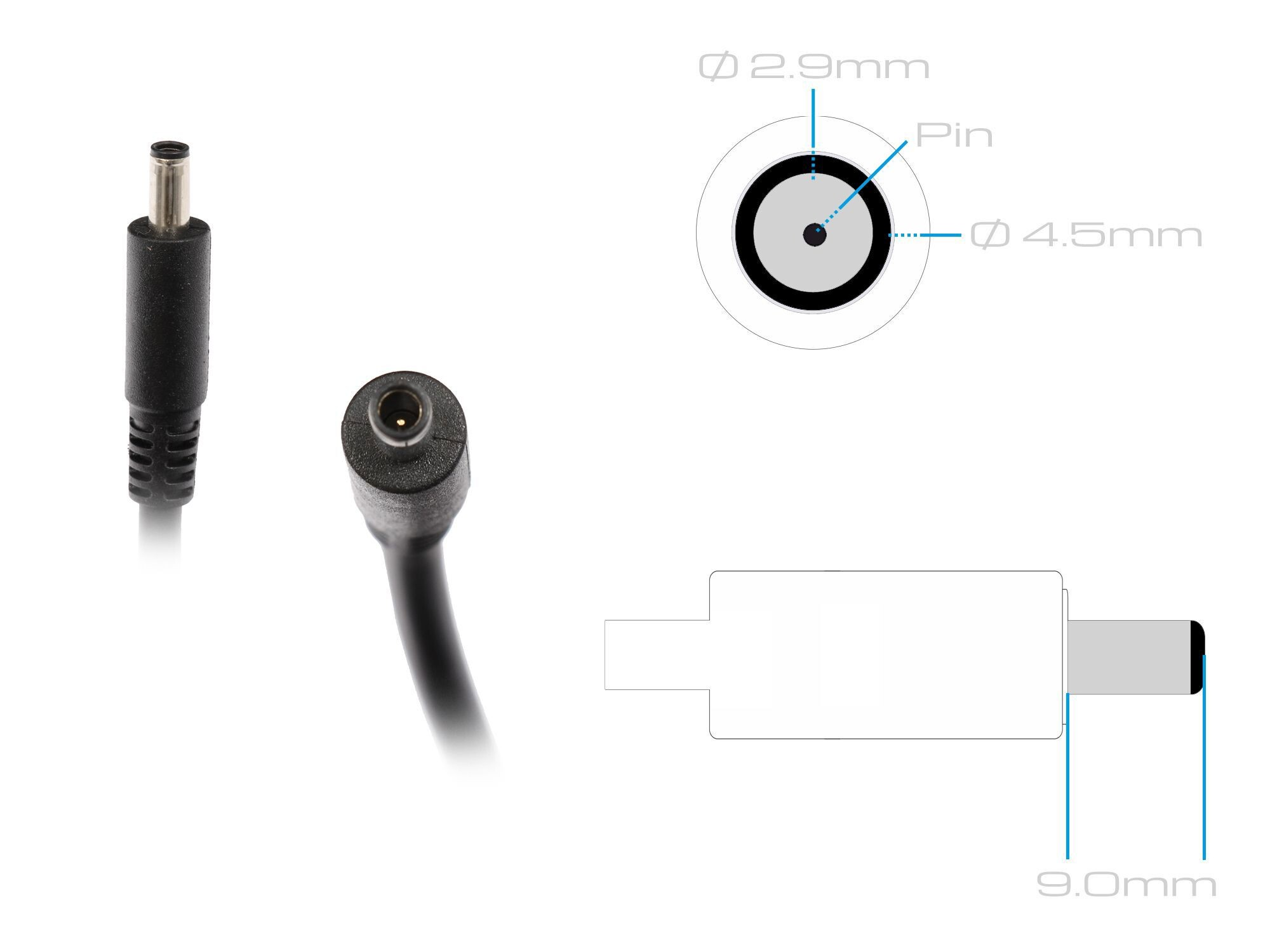 Diagramm und Fotos zeigen einen schwarzen DC-Stecker mit 4,5 mm Außendurchmesser, 2,9 mm Pin und 9,0 mm Länge.