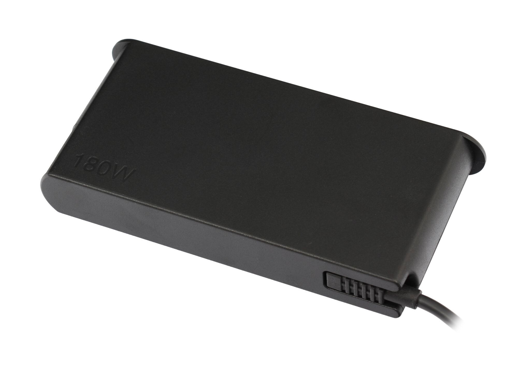 Ein schwarzes 180W Netzteil mit Kabel auf weißem Hintergrund.