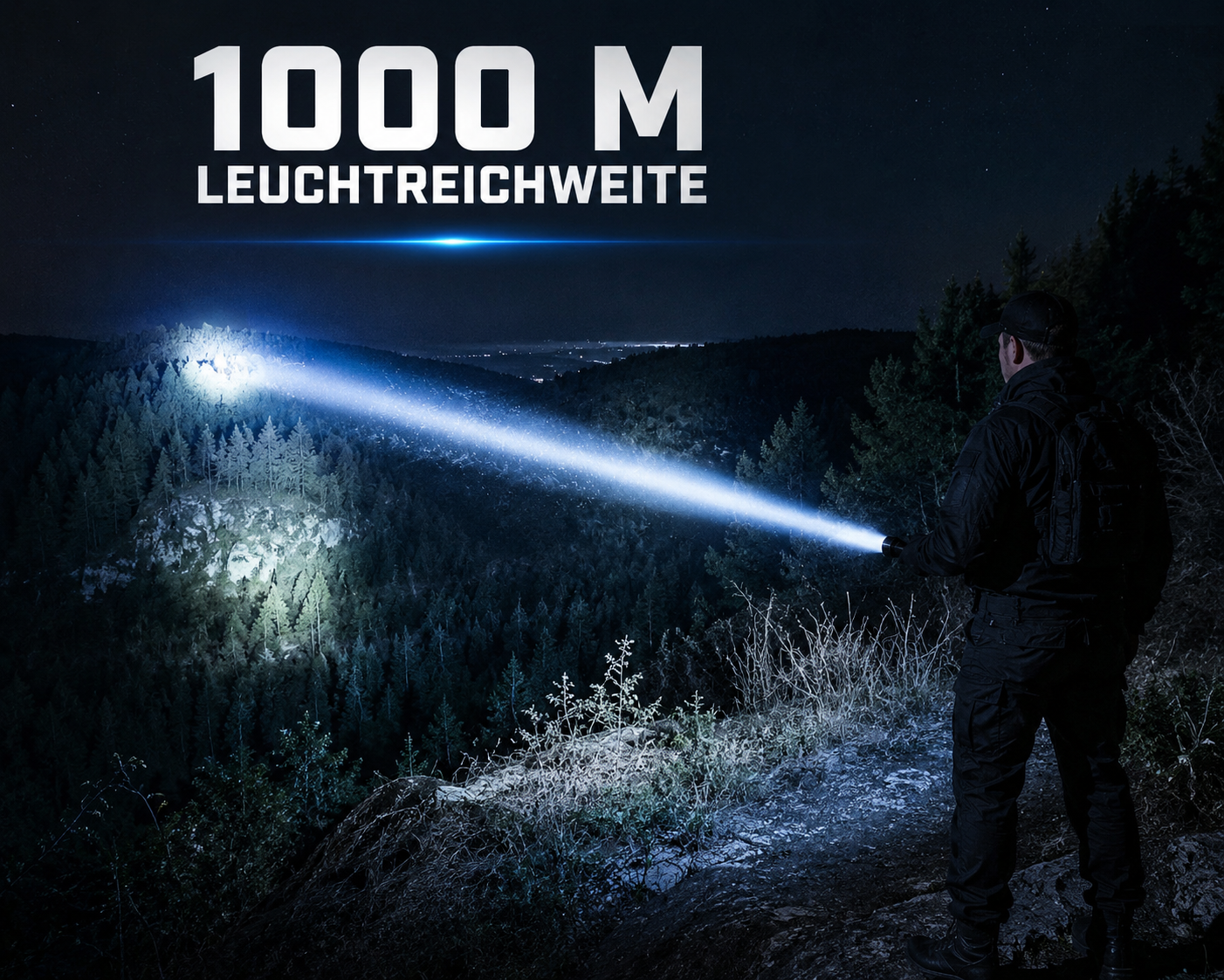 Ein Mann steht nachts auf einem Hügel und leuchtet mit einer starken Taschenlampe über einen finsteren Wald.