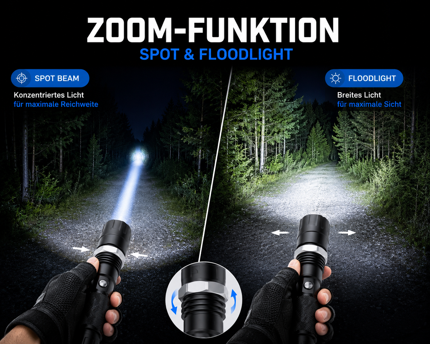 Vergleich der Taschenlampen-Zoomfunktion mit fokussiertem Punktlicht und breitem Flutlicht im dunklen Wald.