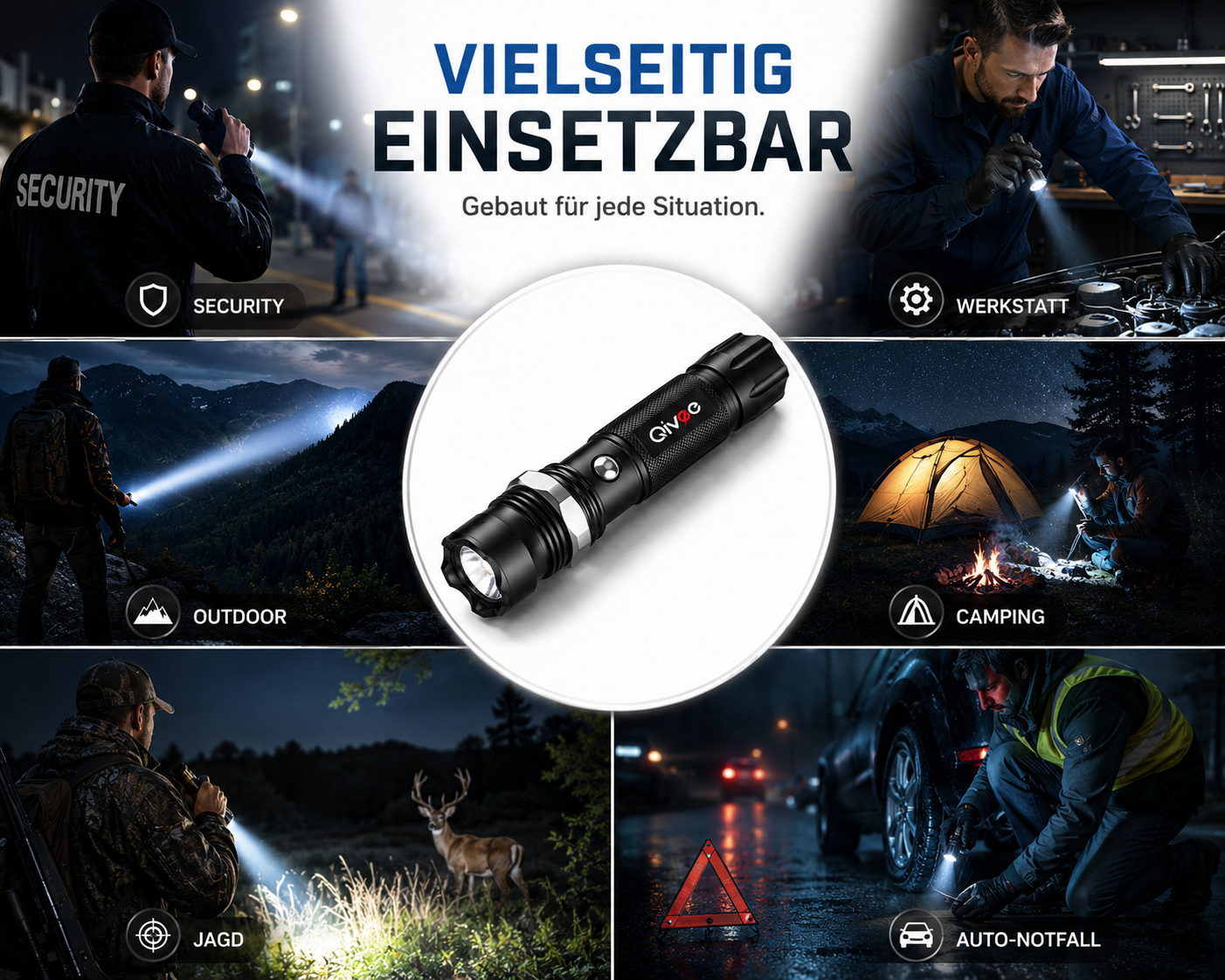 Eine schwarze Qivoc-Taschenlampe im Mittelpunkt, umgeben von Bildern ihrer vielseitigen Einsätze bei Nacht.