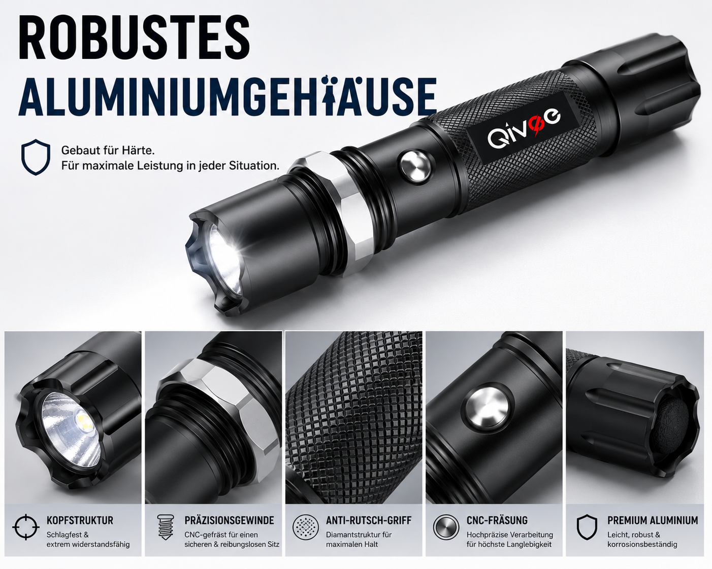 Schwarze LED-Taschenlampe mit robustem Aluminiumgehäuse und Detailaufnahmen ihrer Funktionen.