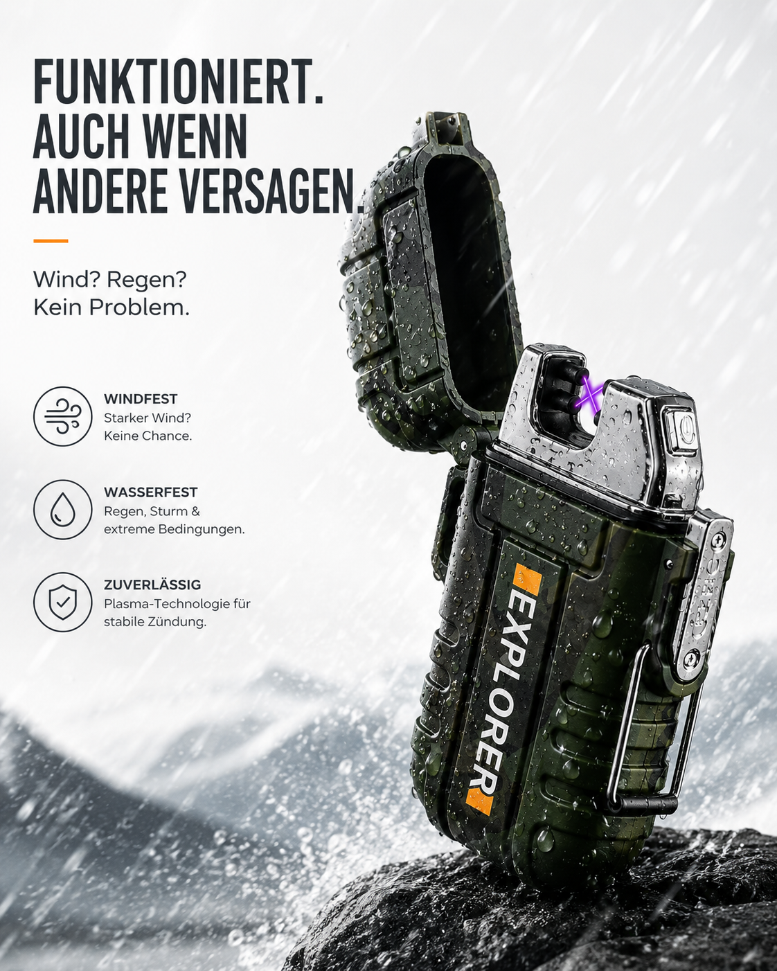 Ein Explorer-Plasmafeuerzeug in Tarnfleck-Grün, nass vom Regen auf felsigem Grund, mit deutschem Werbetext.