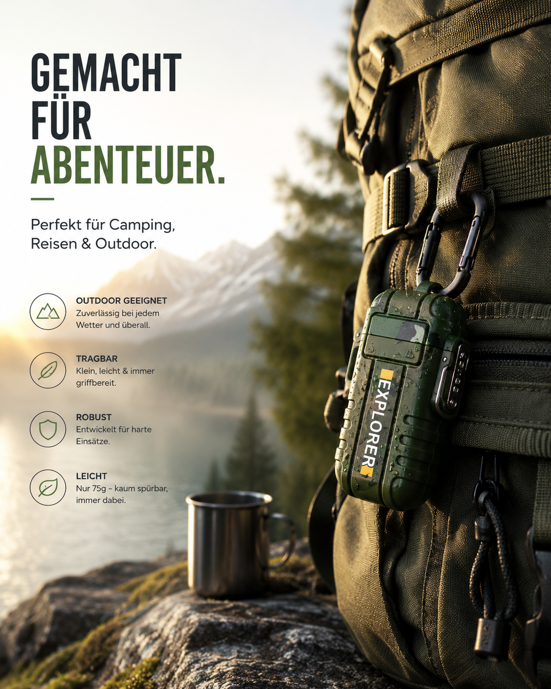 Ein grünes Feuerzeug hängt an einem Rucksack vor einer Bergkulisse.