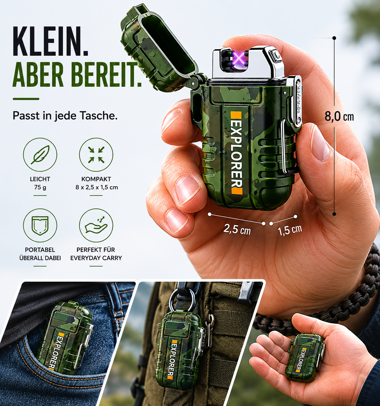 Grünes Camouflage-Feuerzeug mit Elektrolichtbogen, in Hand gehalten, mit Maßangaben und Produktmerkmalen.