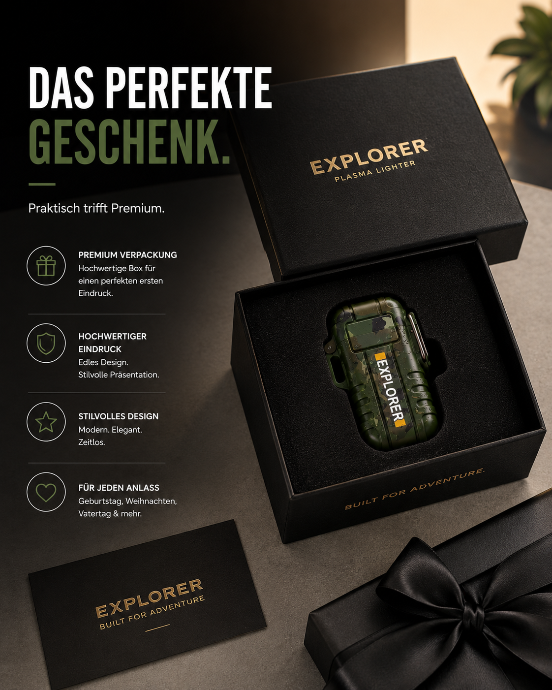 Ein Explorer Plasma-Feuerzeug in Tarnfarben liegt in einer edlen schwarzen Geschenkbox mit Text.