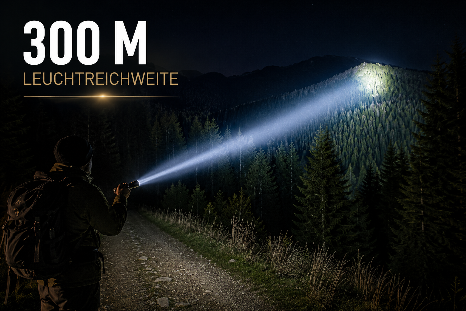 Person steht auf einem Waldweg in der Nacht und leuchtet mit einer Taschenlampe auf einen fernen Berggipfel.