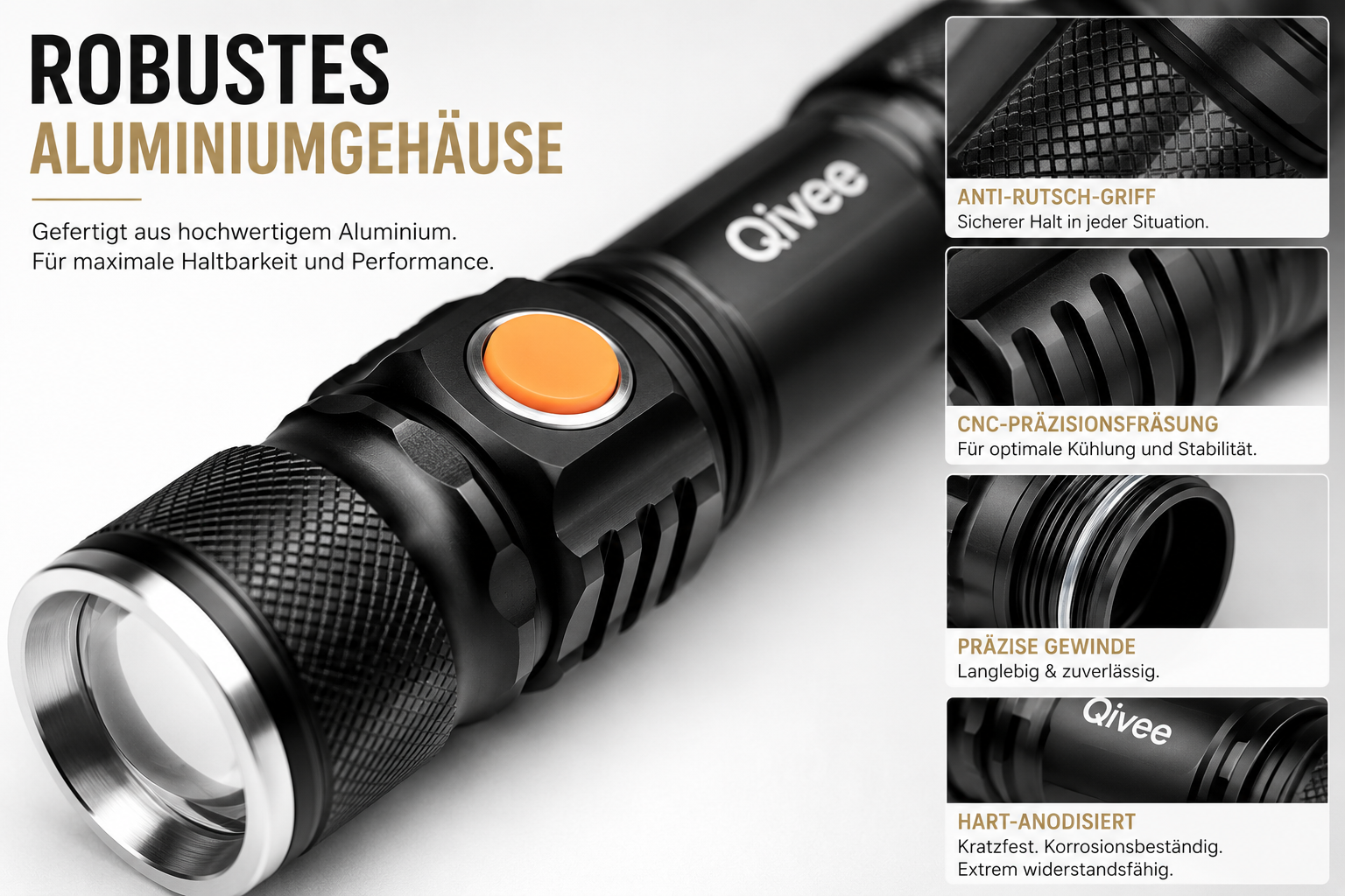 Eine schwarze Qivee-Aluminiumtaschenlampe mit orangefarbenem Einschalthebel und vier Detailaufnahmen.