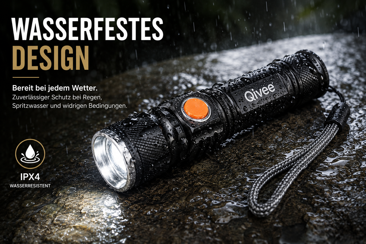 Wasserdichte schwarze Qivee Taschenlampe mit oranger Taste auf nasser Steinplatte im Regen.