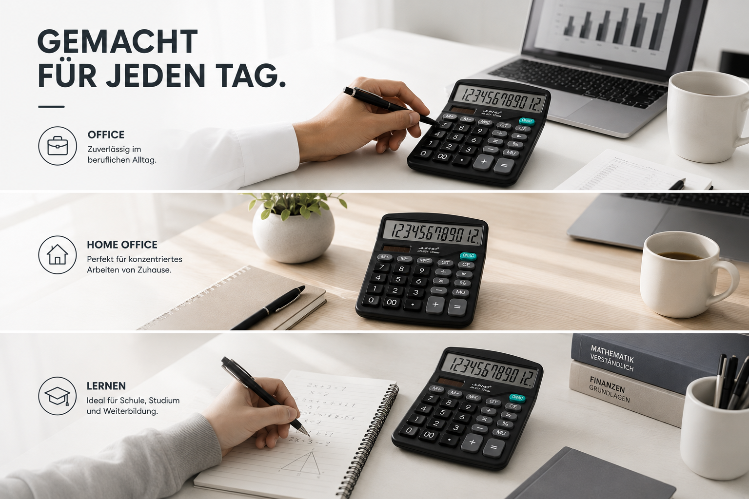 Drei Szenen mit einem schwarzen Taschenrechner für Büro, Homeoffice und Schule, umgeben von Notizbüchern und Kaffee.