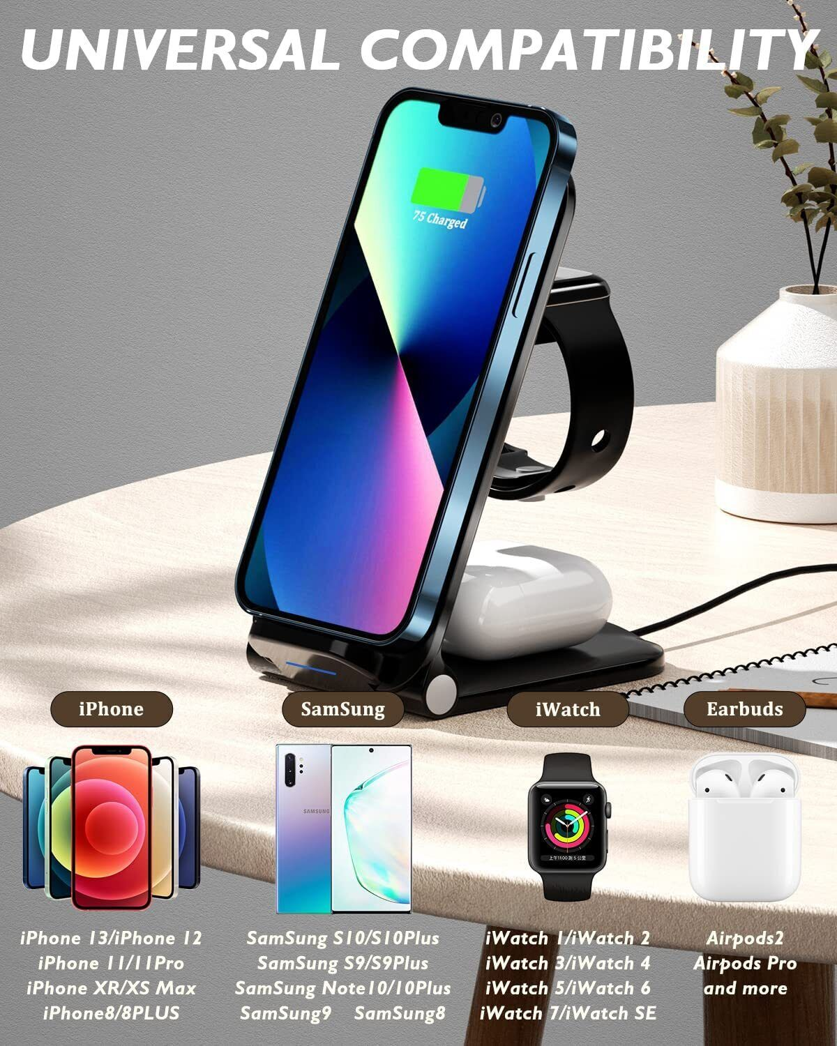 Ein schwarzer kabelloser 4-in-1-Ladeständer auf einem Tisch lädt gleichzeitig ein Smartphone, eine Smartwatch und Kopfhörer auf.
