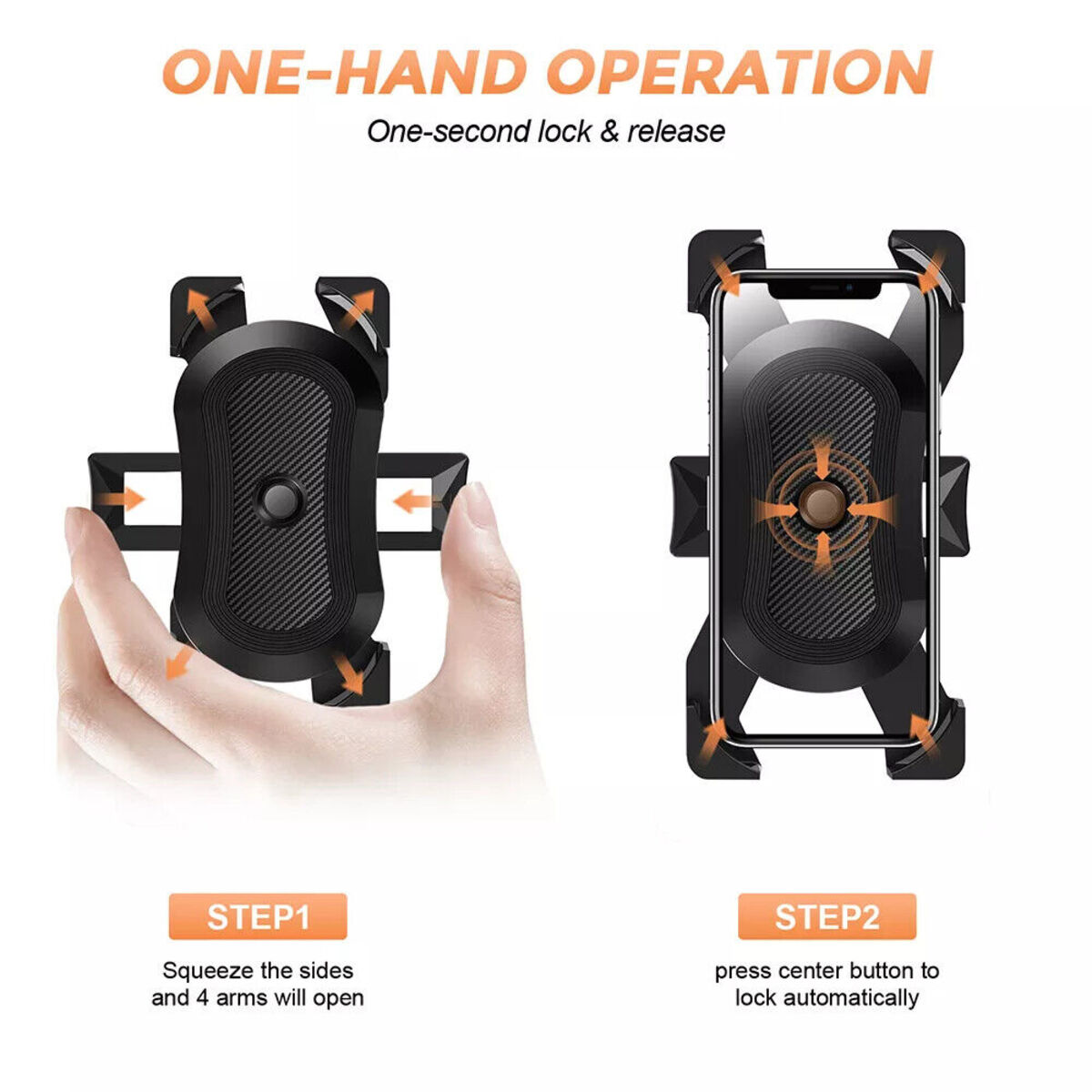 Diagramm zeigt die Einhandbedienung einer schwarzen Smartphone-Halterung mit zwei Schritten.