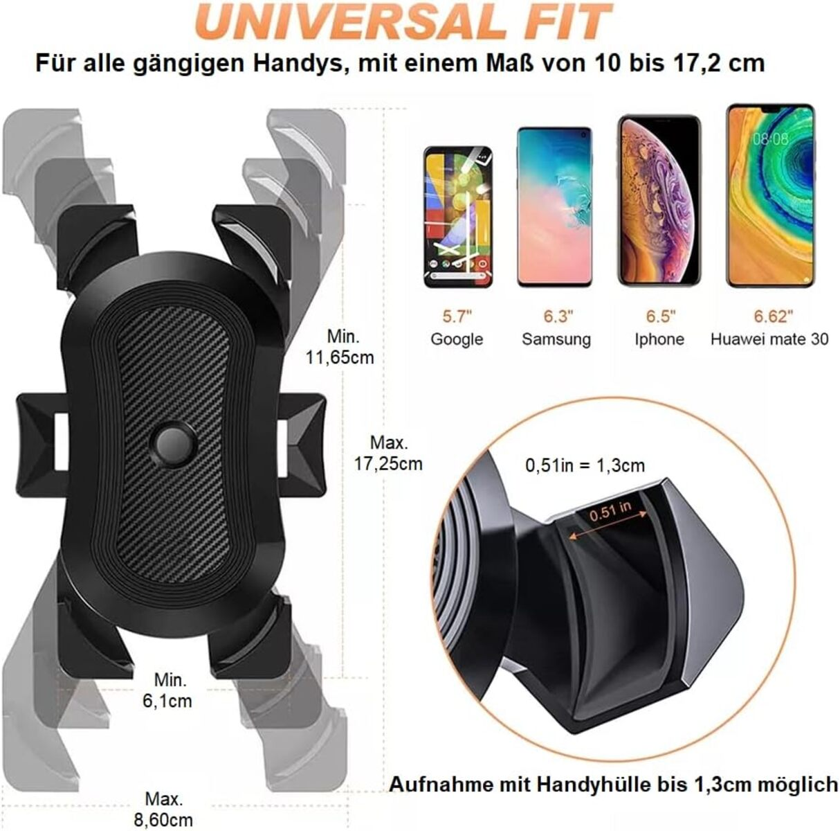 Diagramm zeigt Maße einer schwarzen Universal-Handyhalterung für verschiedene Modelle bis 1,3 cm Dicke.