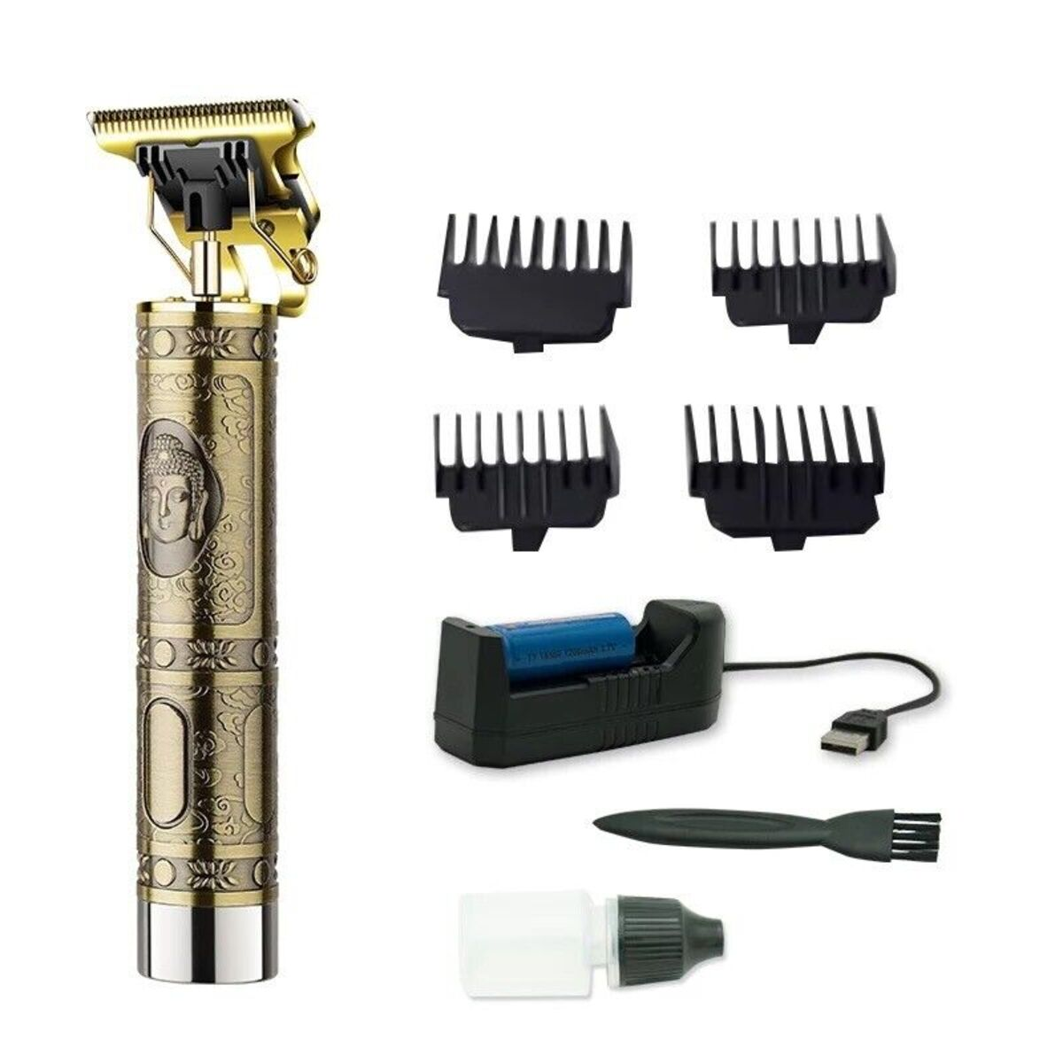 Goldener Haarschneider mit Buddha-Motiv, vier Aufsätzen, Ladegerät, Reinigungsbürste und Ölflasche.