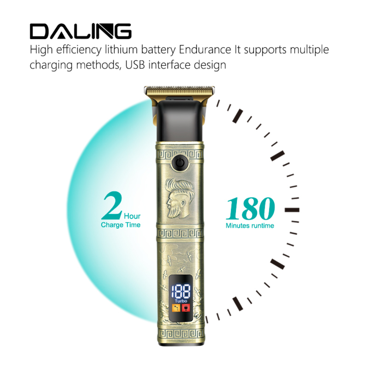 Goldener Haarschneider mit digitalem Display, 2 Stunden Ladezeit und 180 Minuten Laufzeit.