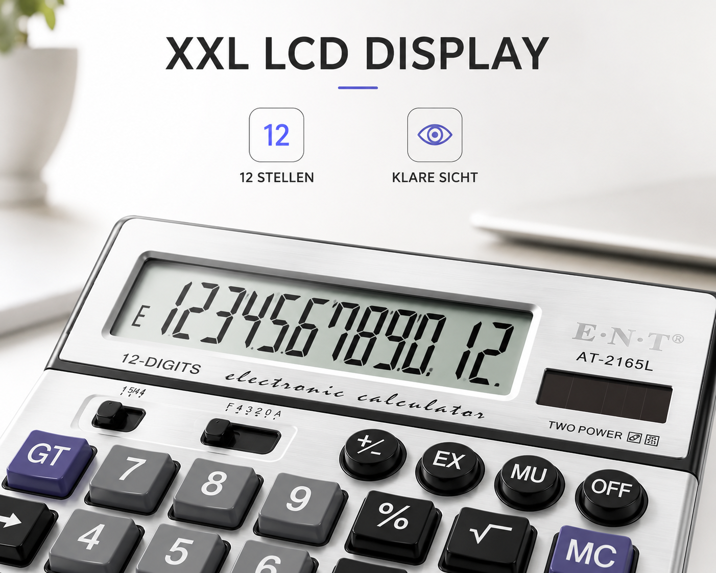 Ein Taschenrechner mit großem LCD-Display und Ziffern auf dem Bildschirm.
