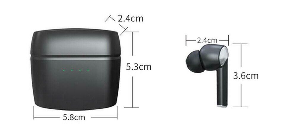 Schwarzes Ladecase und ein In-Ear-Kopfhörer mit Maßangaben.