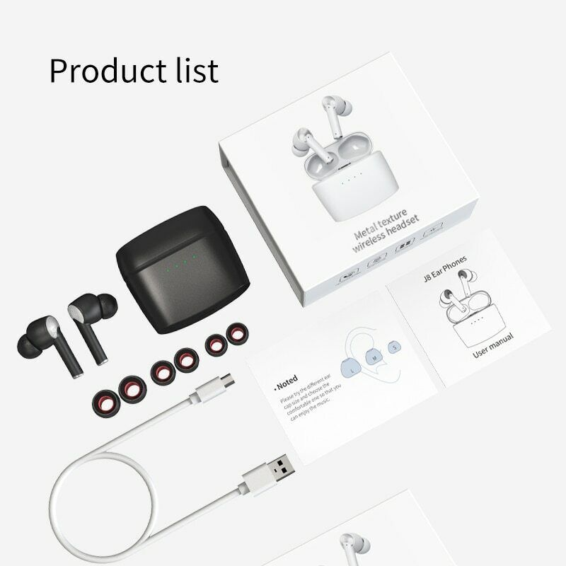 Inhalt des Produktpakets: schwarze Ohrhörer, Ladecase, Ersatzohreinsätze, Ladekabel, Verpackung und Anleitungen.