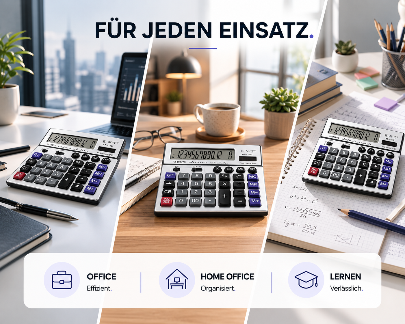 Ein Taschenrechner wird in drei verschiedenen Umgebungen gezeigt: Büro, Homeoffice und Lernen.
