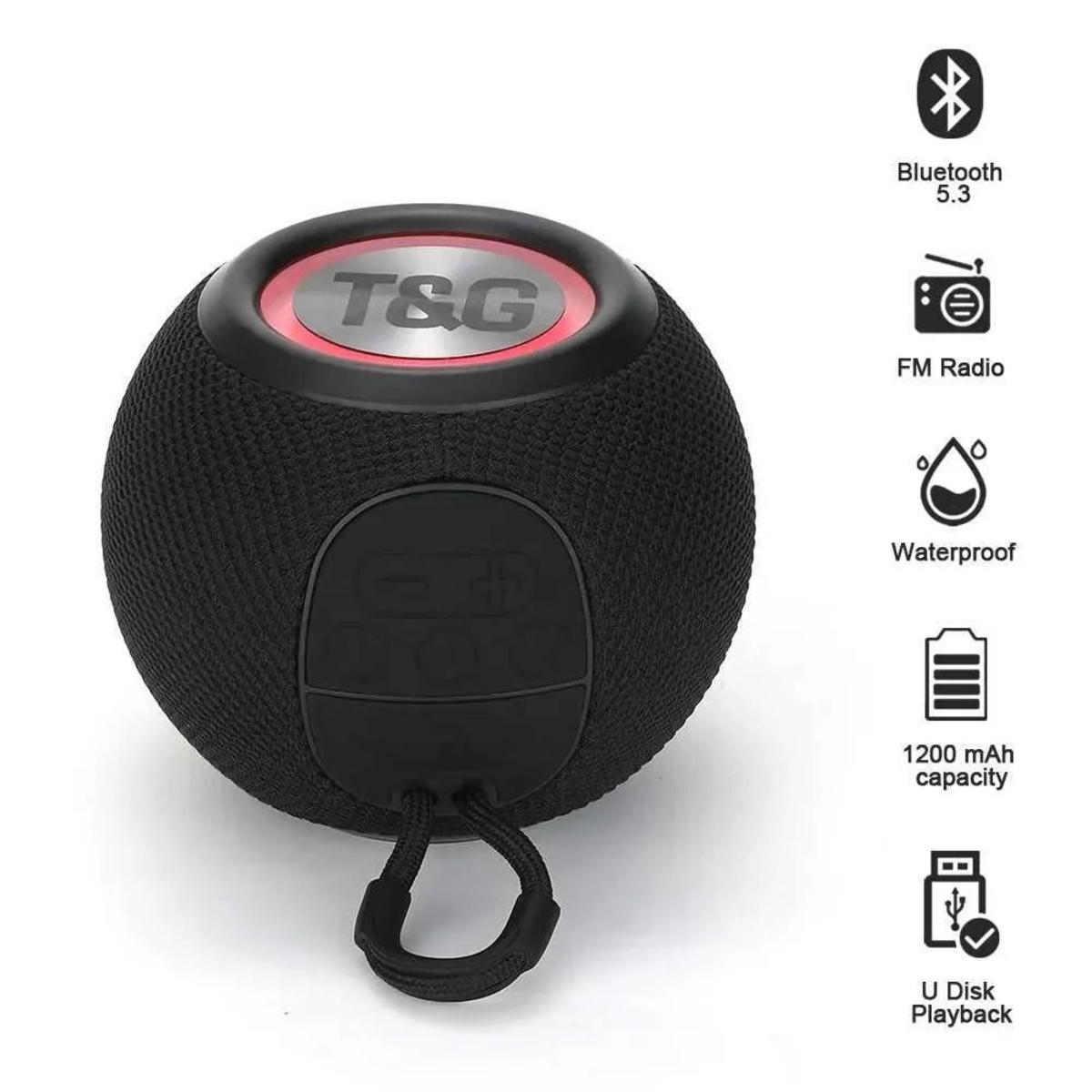 Schwarzer kugelförmiger Bluetooth-Lautsprecher mit Trageschlaufe und Symbolen für Funktionen an der Seite.
