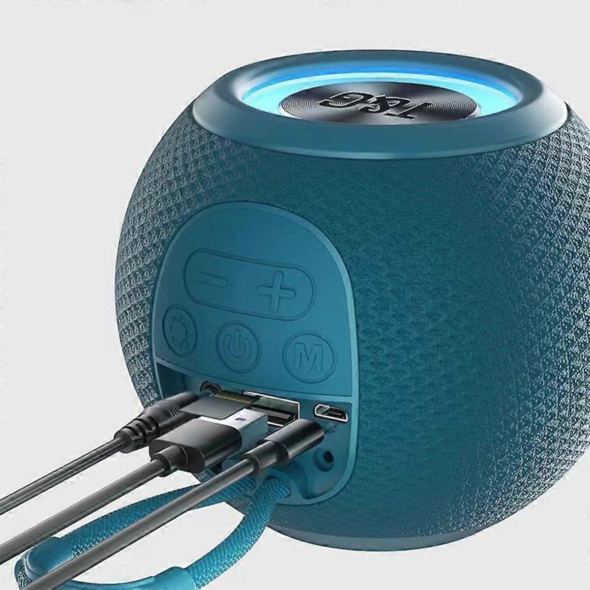 Ein runder blauer Bluetooth-Lautsprecher mit Knöpfen und verbundenen Kabeln.