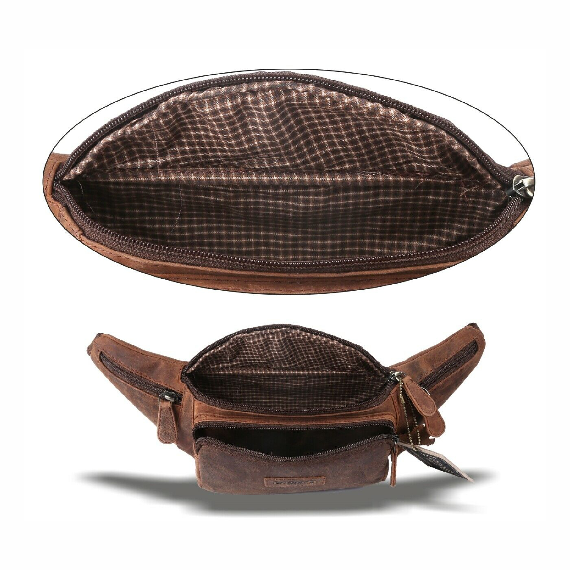 Geöffnete braune Ledertasche mit kariertem Innenfutter und mehreren Reißverschlüssen vor weißem Hintergrund.