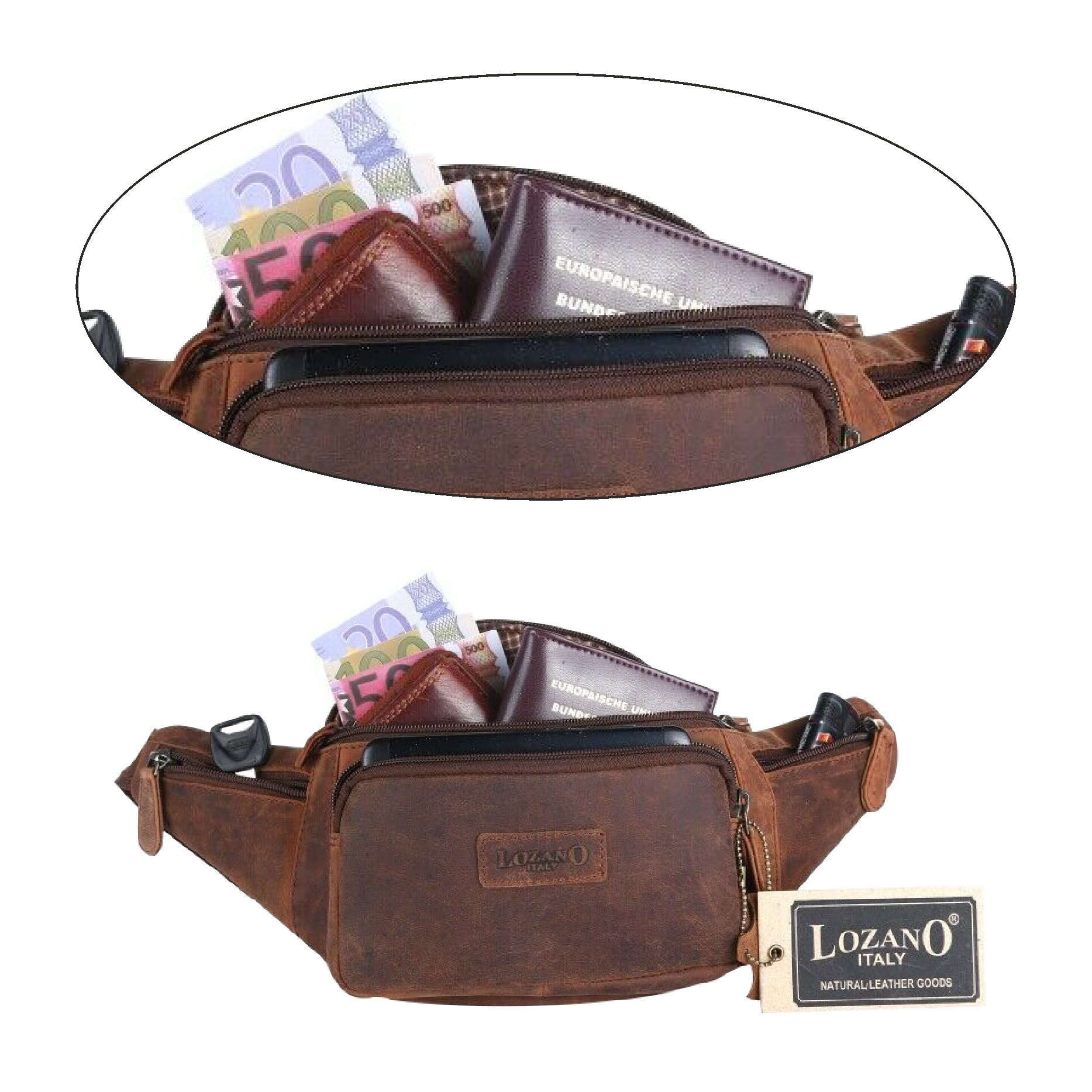 Braune Lederbauchtasche mit Geldscheinen, Reisepass und Karten im geöffneten Hauptfach.