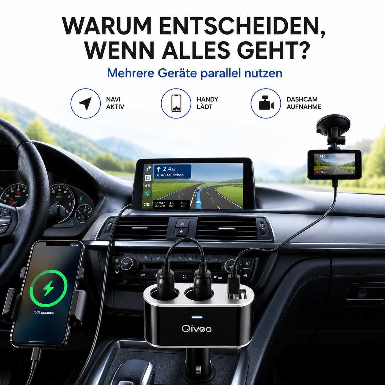 Ein Auto-Zigarettenanzünder-Splitter mit zwei USB-Anschlüssen lädt ein Smartphone und eine Dashcam gleichzeitig auf.