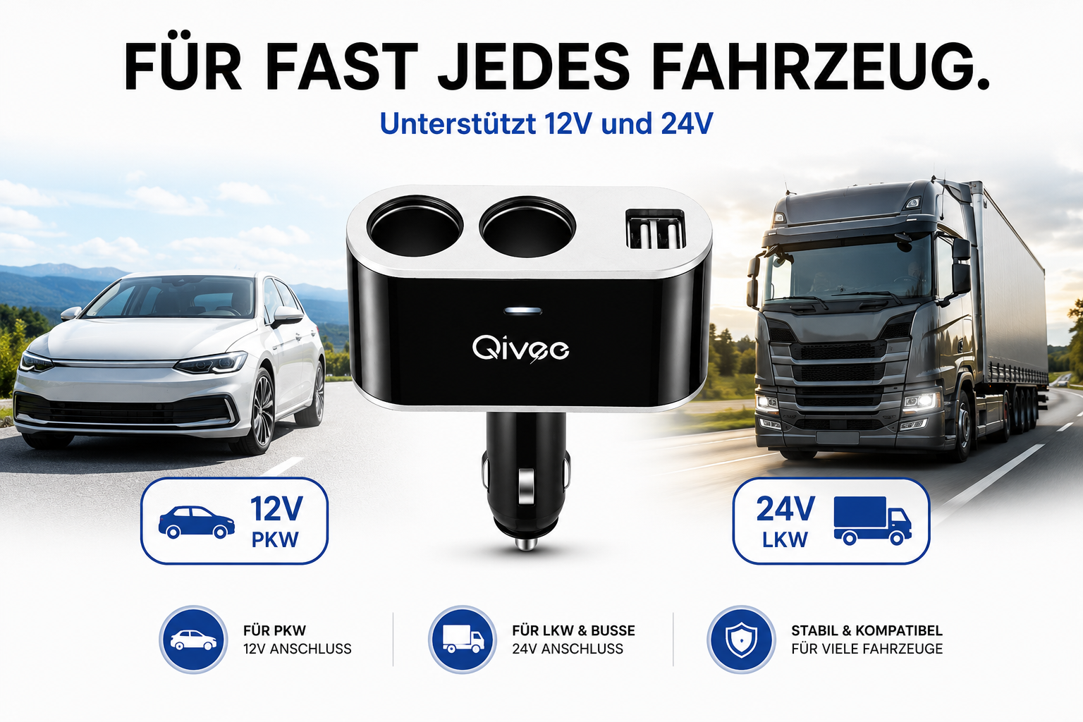 Dualer Kfz-Ladeadapter mit zwei Steckdosen und USB, geeignet für 12V und 24V Fahrzeuge.